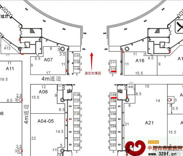 中國(guó)古典家具網(wǎng)、《品牌紅木》雜志展位在往世博園的主通道兩側(cè)的C09、C10