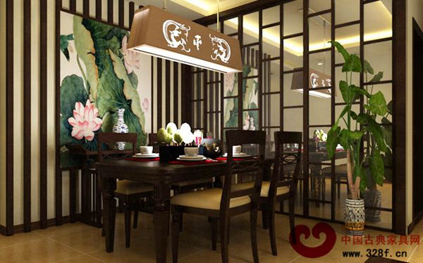 亮點在于餐廳造型墻采用鏡面雕花隔斷相結合