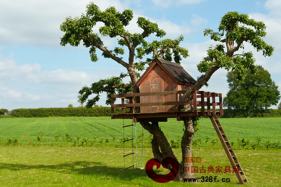 獨立于曠野中的樹屋，可遠眺風景，而它自身也是一道風景