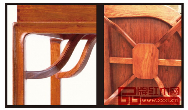 左：霸王棖為s形，這種構(gòu)造，既能兼顧家具造型清秀，又能保證家具牢固，是一種集力學(xué)美與藝術(shù)美的連接件（圖為世外桃源產(chǎn)品局部圖） 右：霸王棖是上端與桌面的穿帶相接，用銷釘固定，下端與腿足相接的一種榫卯明式家具常見的線形 （圖為世外桃源產(chǎn)品局部圖）