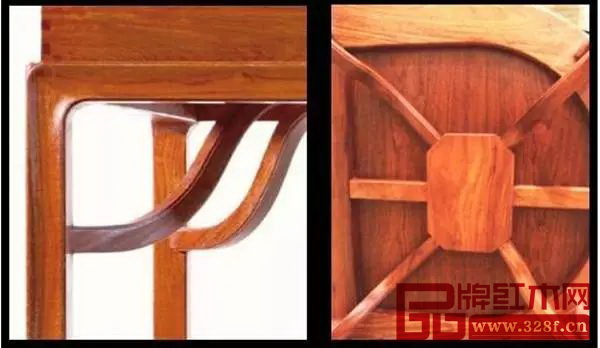 霸王棖為s形，這種構造，既能兼顧家具造型清秀，又能保證家具牢固，是一種集力學美與藝術美的連接件（左圖為世外桃源產品局部圖） 