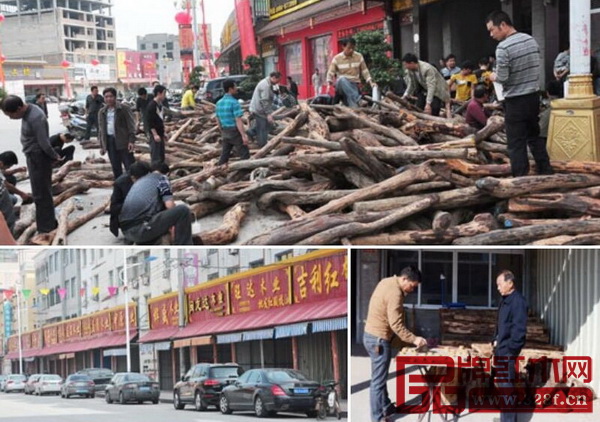 2013年,大紅酸枝的火爆帶動了各種木材價格的走勢,圖為仙游名貴紅木一條街木材商一起挑選紅木材料的情景 2013年,大紅酸枝的火爆帶動了各種木材價格的走勢,圖為仙游名貴紅木一條街木材商一起挑選紅木材料的情景