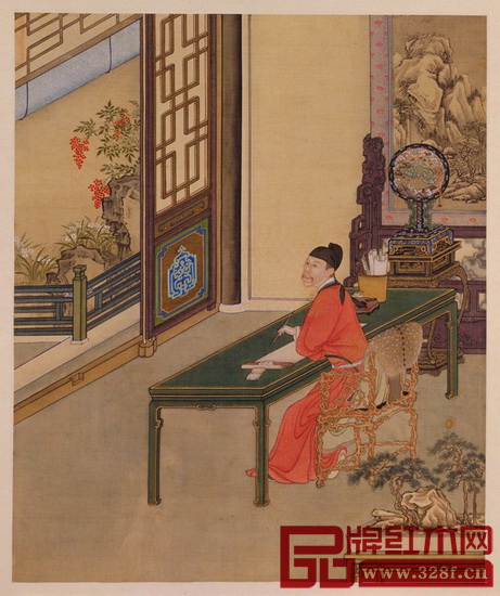 書齋中除了珍藏眾多的書籍外，所用的各類文房清供也是精美細膩（圖為《雍正行樂圖之書齋寫經》）