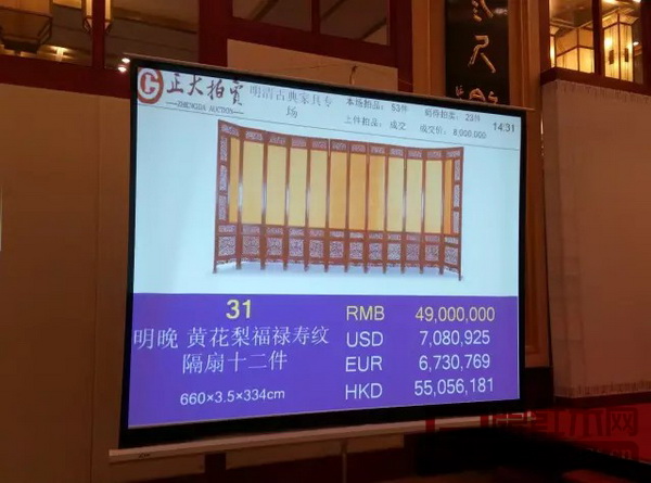 黃花梨福祿壽紋隔扇十二件拍出4900萬高價 黃花梨福祿壽紋隔扇十二件拍出4900萬高價