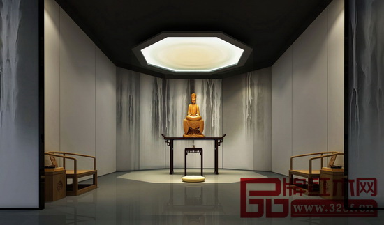 通過極簡主義突顯天地之寬，呈現(xiàn)出佛學禪意，通過水墨渲染、大量留白構建出一座幽靜自然的紅木家具展覽館（圖片為宋光飛設計作品）