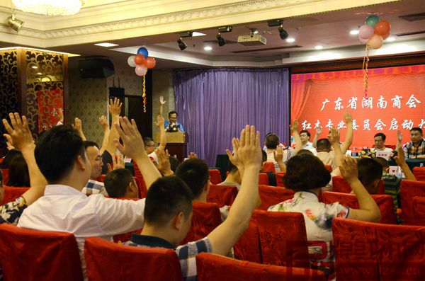 廣東省湖南商會紅木專業委員會啟動大會上會員們進行章程通過表決 