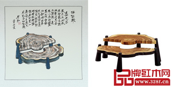 中國(guó)新中式文化研究院院長(zhǎng)胡景初老師以國(guó)際知名家具設(shè)計(jì)師朱小杰作品《伴侶幾》創(chuàng)作的書(shū)畫(huà)作品與原作對(duì)比圖