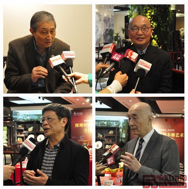 原故宮博物院文保科技部主任、全聯藝術紅木家具專業(yè)委員會專家顧問曹靜樓(上左),中國高等教育家具設計專業(yè)創(chuàng)始胡景初(上右),中國工藝美術大師、廣東省非物質文化遺產潮州木雕傳承人陳培臣(下左),中國傳統工藝大師、深圳泰和園創(chuàng)始人、“絲翎檀雕”的研究發(fā)起者與推動者邵湘文(下右)接受媒體采訪 原故宮博物院文??萍疾恐魅?、全聯藝術紅木家具專業(yè)委員會專家顧問曹靜樓(上左),中國高等教育家具設計專業(yè)創(chuàng)始胡景初(上右),中國工藝美術大師、廣東省非物質文化遺產潮州木雕傳承人陳培臣(下左),中國傳統工藝大師、深圳泰和園創(chuàng)始人、“絲翎檀雕”的研究發(fā)起者與推動者邵湘文(下右)接受媒體采訪