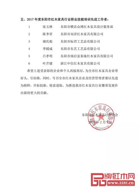 東陽市紅木家具行業(yè)2017年度先進(jìn)個(gè)人名單