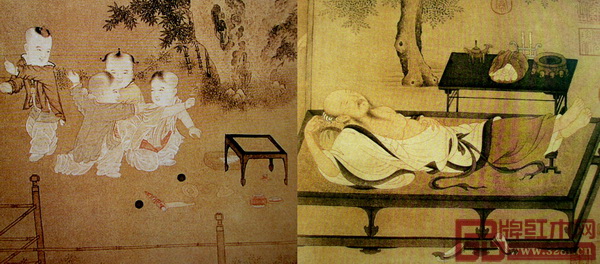  宋《小庭嬰戲圖》（左）及宋《槐蔭消夏圖》（右） 宋《小庭嬰戲圖》（左）的小方凳以及宋《槐蔭消夏圖》（右）的榻均采用套色拼接，《無畏》系列仿效宋代家具的材質混搭，采用古夷蘇木與黑檀材質拼接，深淺套色形成視覺躍動