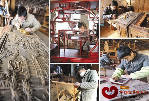 紅木家具生產車間里,拼裝工、雕刻工、刮磨工在每道工序上精工細作