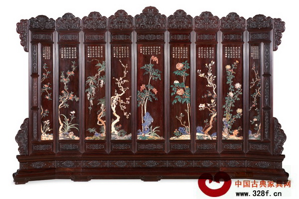 區氏臻品獲獎作品——《小葉紫檀嵌百寶花卉九扇地座屏》