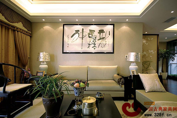 中式風格客廳沙發背景墻掛畫效果圖