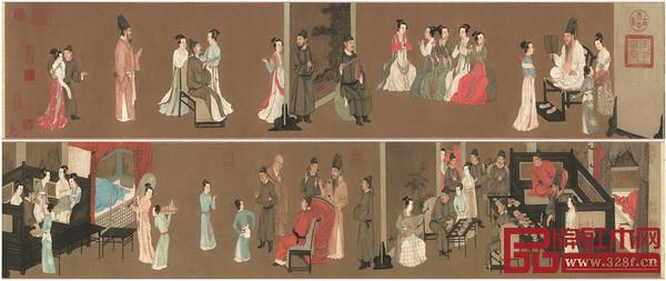 手卷畫《韓熙載夜宴圖》中，屏風多以豎立側面出現，所有屏風都是為了分開和連起一幕幕場景