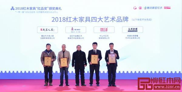 故宮博物院研究員周京南(中)為“2018紅木家具四大藝術品牌”獲獎企業泰和園(左二)頒獎 故宮博物院研究員周京南(中)為“2018紅木家具四大藝術品牌”獲獎企業泰和園(左二)頒獎