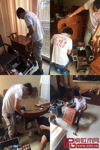 龍博士家居服務團隊正細心幫客戶家中的紅木家具做保養