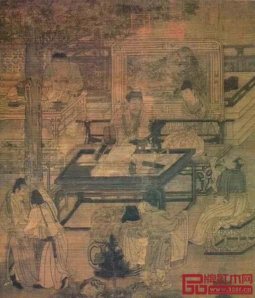 《梧陰清暇圖》中的黑漆束腰書案 《梧陰清暇圖》中的黑漆束腰書案