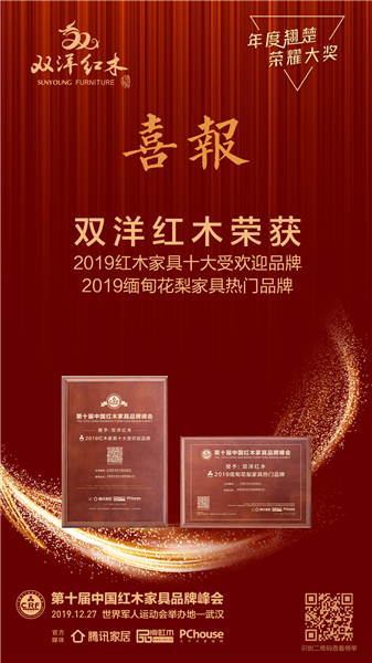 雙洋紅木第九次蟬聯“2019紅木家具十大受歡迎品牌”、還成功榮獲首次設立的“2019 緬甸花梨家具熱門品牌”榮譽.jpg 雙洋紅木第九次蟬聯“2019紅木家具十大受歡迎品牌”、還成功榮獲首次設立的“2019 緬甸花梨家具熱門品牌”榮譽.jpg