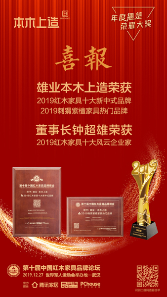 雄業·本木尚造再度蟬聯“2019紅木家具十大新中式品牌”，并摘得“2019刺猬紫檀家具熱門品牌”，董事長鐘超雄則被評選為“2019紅木家具十大風云企業家”
