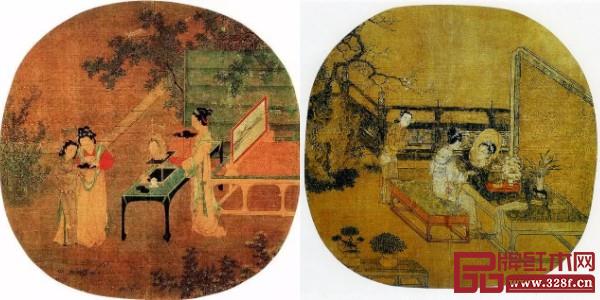 仇英《仿宋人畫冊》局部(左)靚妝仕女圖團扇(右) 仇英《仿宋人畫冊》局部(左)靚妝仕女圖團扇(右)