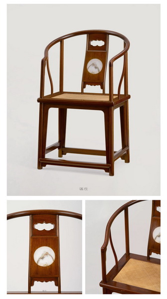 區氏家具 嵌理石背垂手圈椅 白酸枝 長:53cm 寬:41cm 高:46.5cm 通高:92cm A Huanghuali Inlaid marble arm-chair 區氏家具 嵌理石背垂手圈椅 白酸枝 長:53cm 寬:41cm 高:46.5cm 通高:92cm A Huanghuali Inlaid marble arm-chair