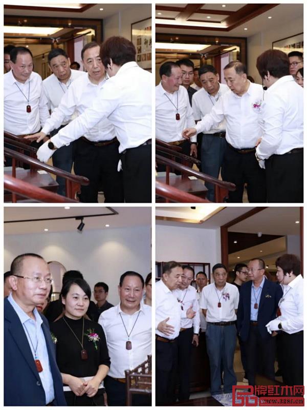 國(guó)務(wù)院參事室特邀研究員、國(guó)家人力資源與社會(huì)保障部原黨組副書(shū)記、常務(wù)副部長(zhǎng)楊志明、東陽(yáng)市副市長(zhǎng)黃陽(yáng)明、明清宮廷家具專家、紫檀文化學(xué)者、傳統(tǒng)家具木材藥用研究第一人周京南等嘉賓在御乾堂董事長(zhǎng)馬海軍、御乾堂總經(jīng)理馬姣姣的陪同下參觀御乾堂東陽(yáng)紫檀館
