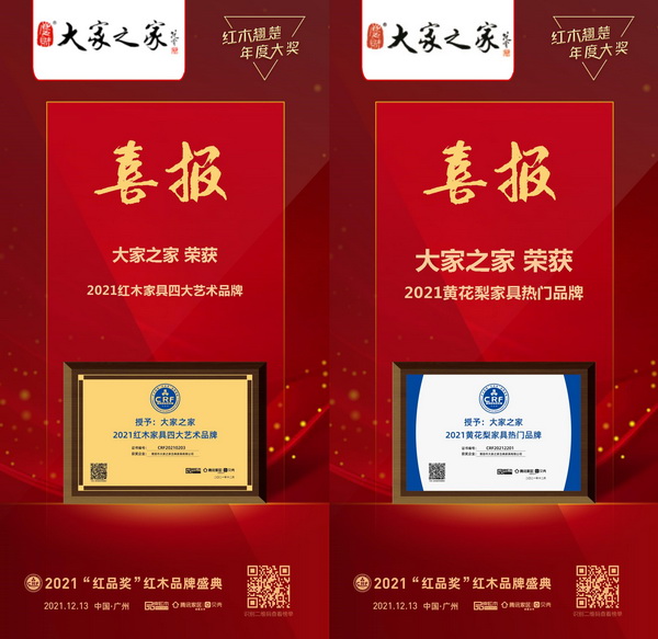 大家之家連獲“2021紅木家具四大藝術品牌”“2021黃花梨家具熱門品牌”雙項大獎