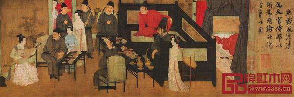 《韓熙載夜宴圖》中可見以羅漢床為中心的待客場面。身份地位最高的韓熙載以及最尊貴的客人一同坐在三面圍子的羅漢床上觀看歌舞表演