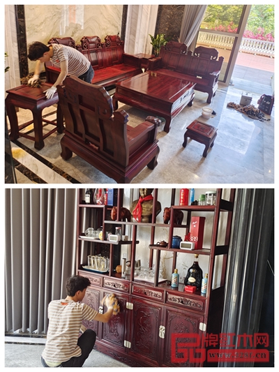 居典紅木服務(wù)團(tuán)隊(duì)正對(duì)客戶進(jìn)行上門(mén)保養(yǎng) 居典紅木服務(wù)團(tuán)隊(duì)正對(duì)客戶進(jìn)行上門(mén)保養(yǎng)