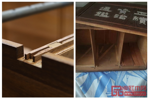 左圖為國家版本館書柜相鄰書箱間的燕尾榫穿帶結構，右圖為傳統(tǒng)書箱，結構原理不謀而合