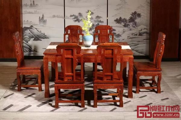 詩清閣紅木特惠精品——小葉紅檀長方餐桌七件套