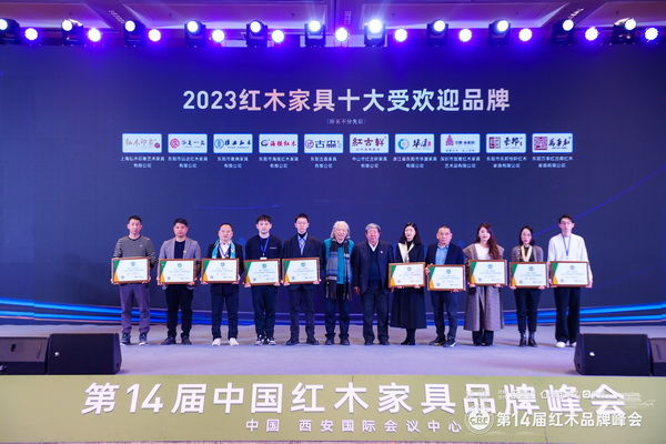 華夏一品榮獲“2023紅木家具十大受歡迎品牌”,總經理張拓(左二)上臺領獎 華夏一品榮獲“2023紅木家具十大受歡迎品牌”,總經理張拓(左二)上臺領獎